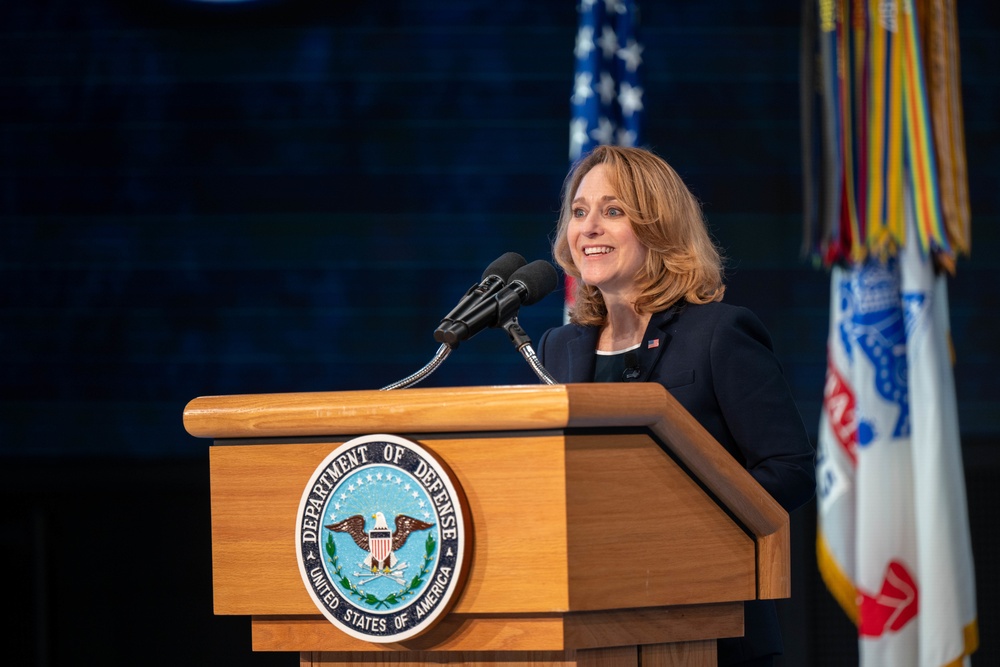 Deputy Secretary of Defense Kathleen H. Hicks speaks at the National Capital Region ROTC Detachment commencement at Fort Myer, Virginia