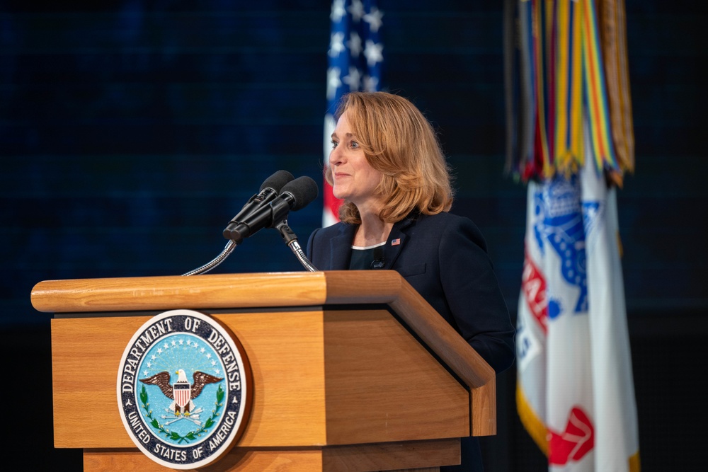 Deputy Secretary of Defense Kathleen H. Hicks speaks at the National Capital Region ROTC Detachment commencement at Fort Myer, Virginia