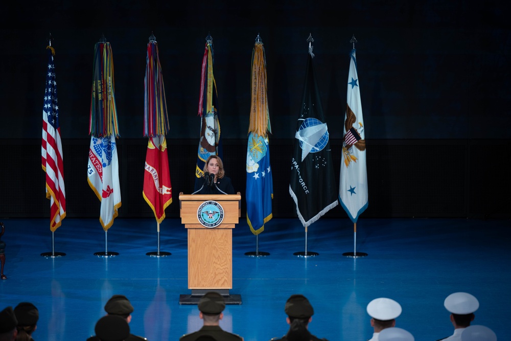 Deputy Secretary of Defense Kathleen H. Hicks speaks at the National Capital Region ROTC Detachment commencement at Fort Myer, Virginia