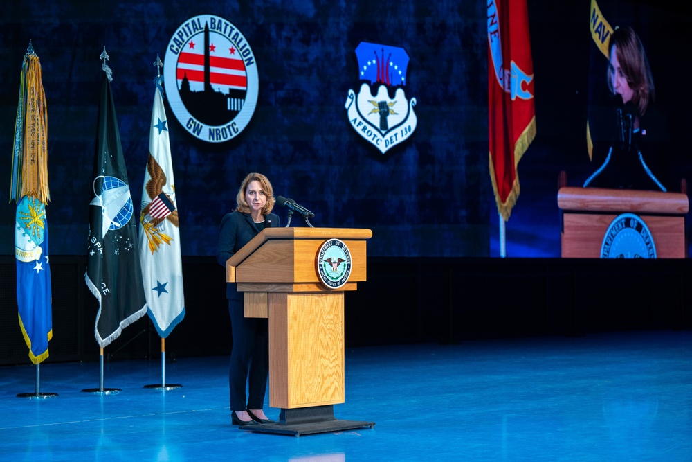 Deputy Secretary of Defense Kathleen H. Hicks speaks at the National Capital Region ROTC Detachment commencement at Fort Myer, Virginia