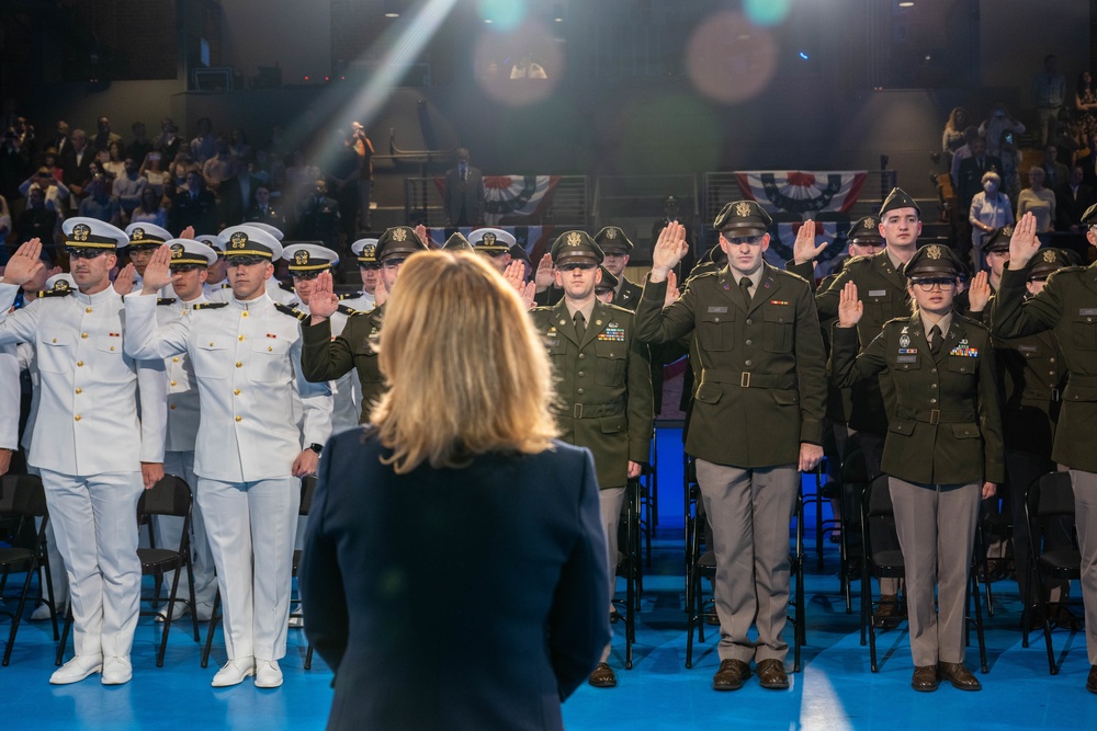 Deputy Secretary of Defense Kathleen H. Hicks speaks at the National Capital Region ROTC Detachment commencement at Fort Myer, Virginia