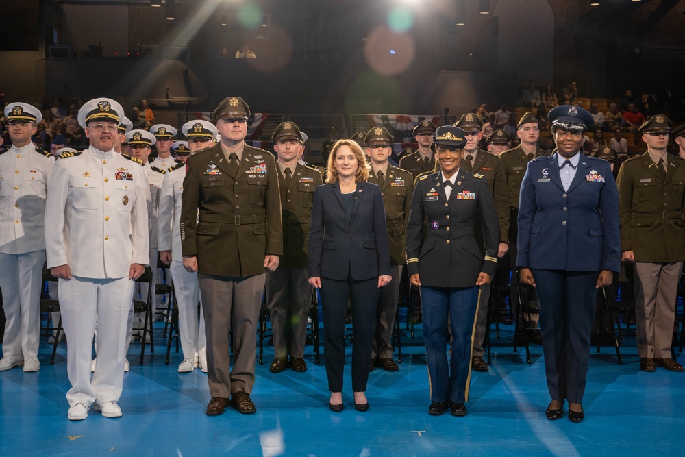 Deputy Secretary of Defense Kathleen H. Hicks speaks at the National Capital Region ROTC Detachment commencement at Fort Myer, Virginia