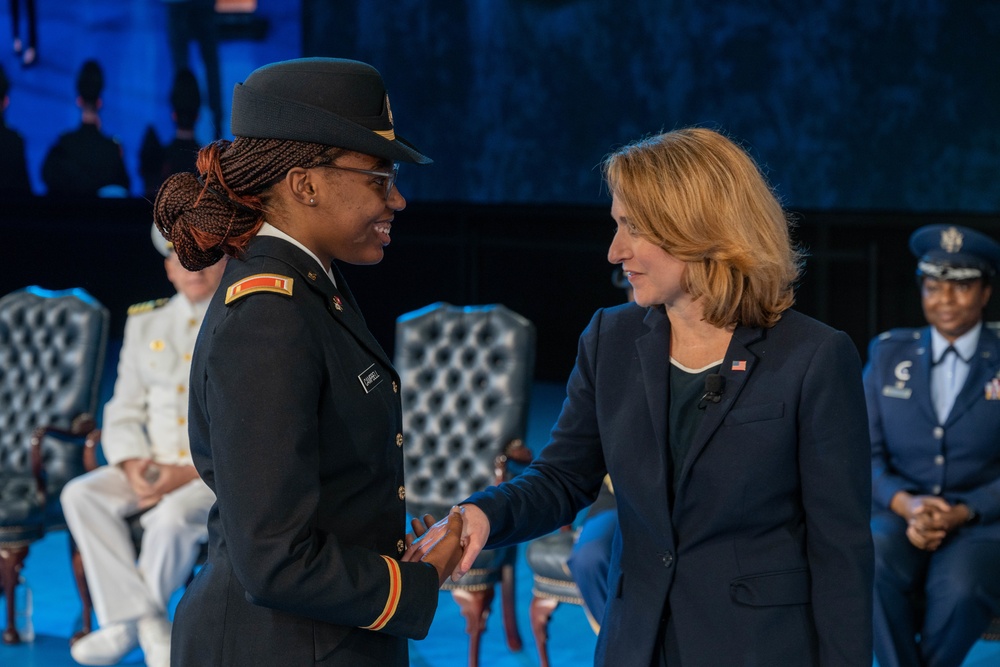 Deputy Secretary of Defense Kathleen H. Hicks speaks at the National Capital Region ROTC Detachment commencement at Fort Myer, Virginia