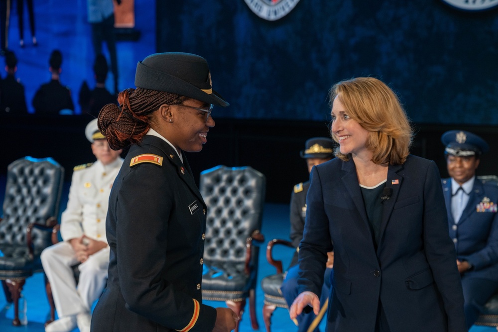 Deputy Secretary of Defense Kathleen H. Hicks speaks at the National Capital Region ROTC Detachment commencement at Fort Myer, Virginia