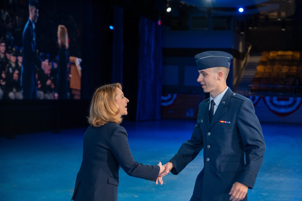 Deputy Secretary of Defense Kathleen H. Hicks speaks at the National Capital Region ROTC Detachment commencement at Fort Myer, Virginia