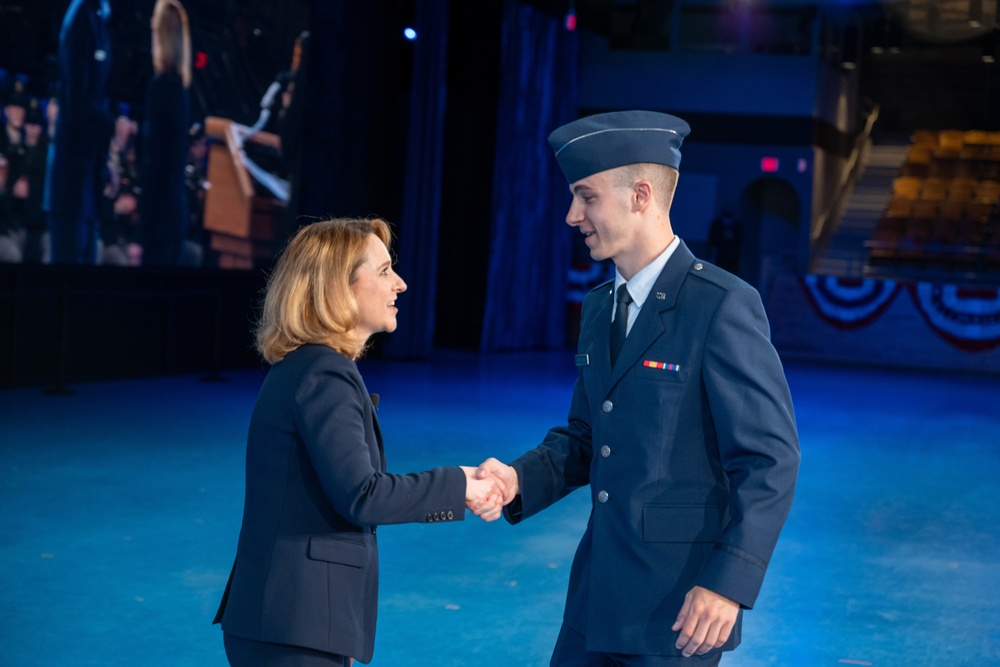 Deputy Secretary of Defense Kathleen H. Hicks speaks at the National Capital Region ROTC Detachment commencement at Fort Myer, Virginia