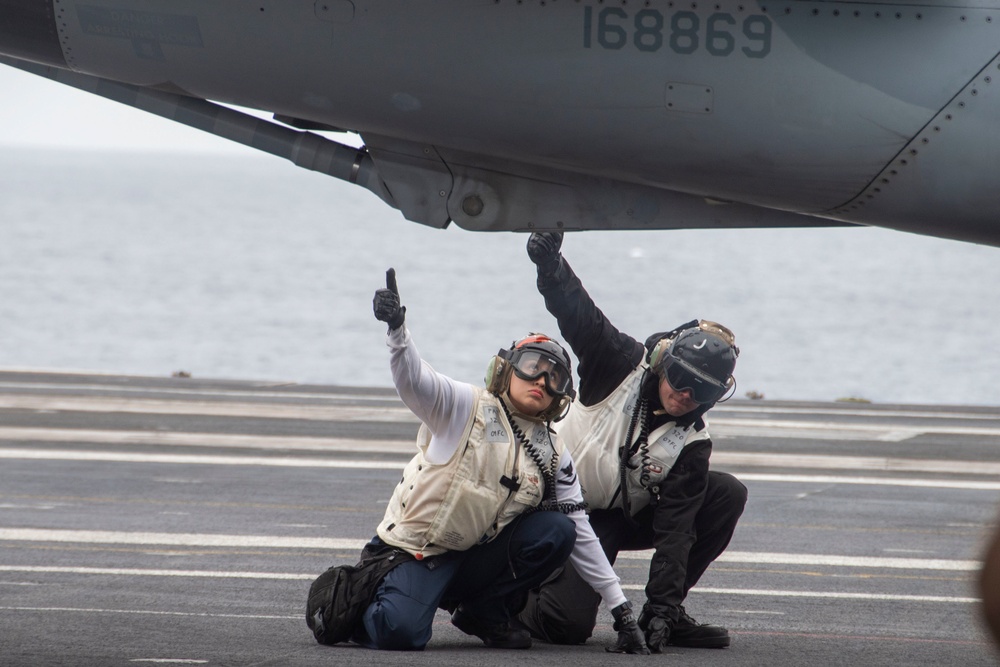 Sailors Complete A Safety Check On An FA/18E Super Hornet