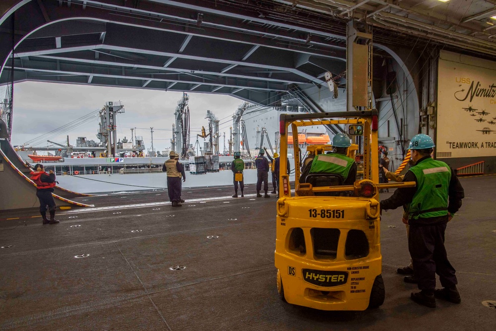 Sailors Wait As Pallets Are Transferred Over During A Replenishment At Sea