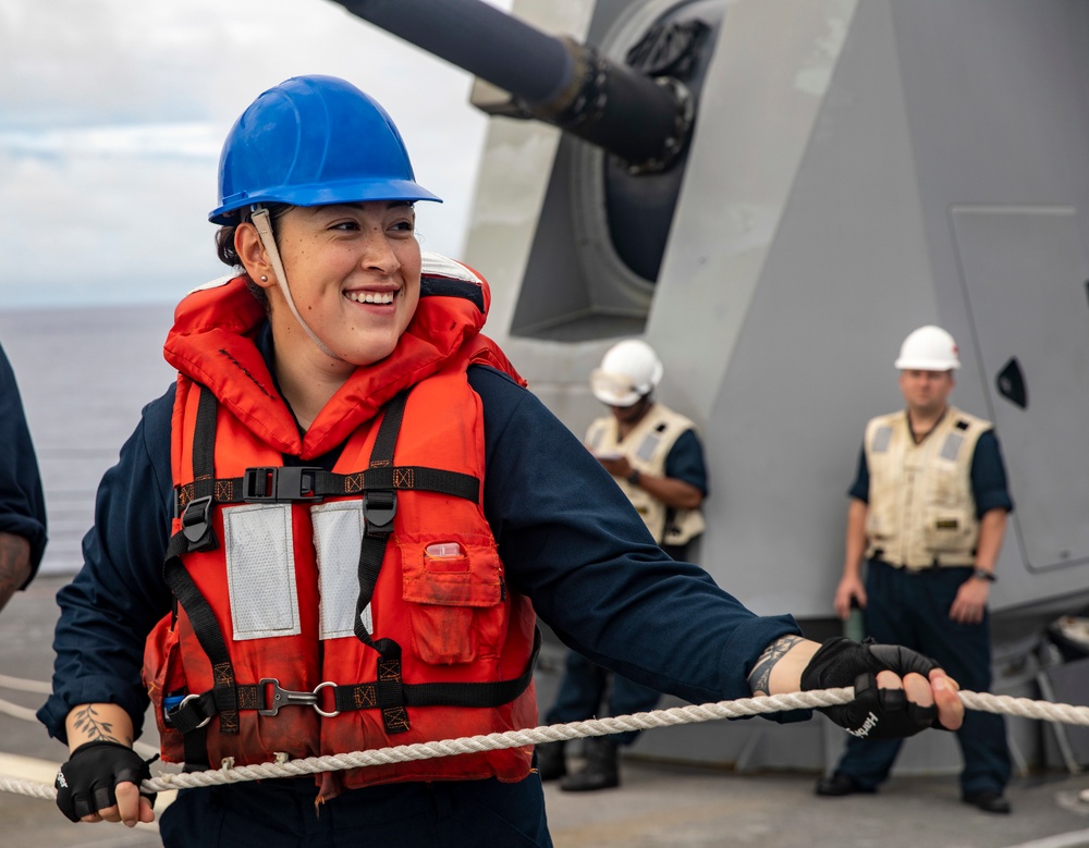 Sailors Aboard USS Dewey (DDG 105) Conduct Replenishment-at-Sea with USNS Tippecanoe (T-AO-199)