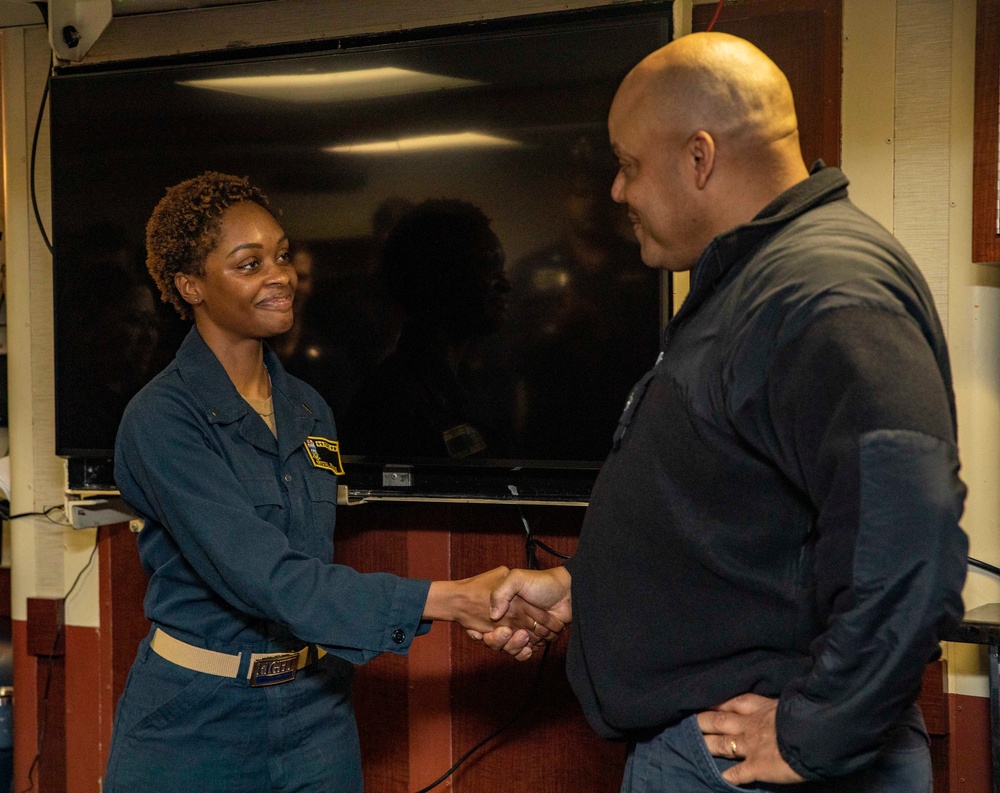 Sailor Receives Surface Warfare Officer Pin Aboard USS Dewey (DDG 105)