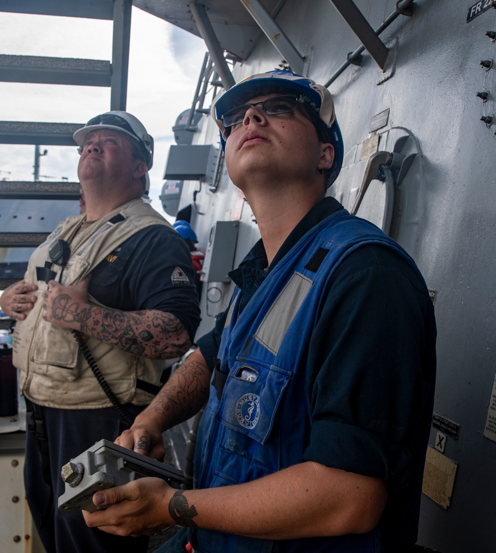 Sailors Aboard USS Dewey (DDG 105) Conduct Replenishment-at-Sea with USNS Tippecanoe (T-AO-199)