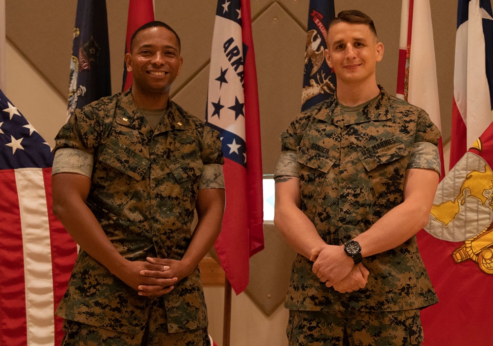 U.S. Marine Corps Capt. Jason Sander Presents Bravo Company Guidon to The New Company Commander