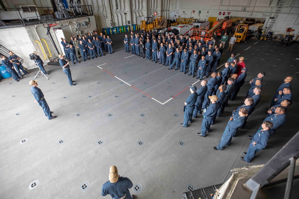 USS Hershel "Woody" Williams (ESB 4) Conducts an All Hands