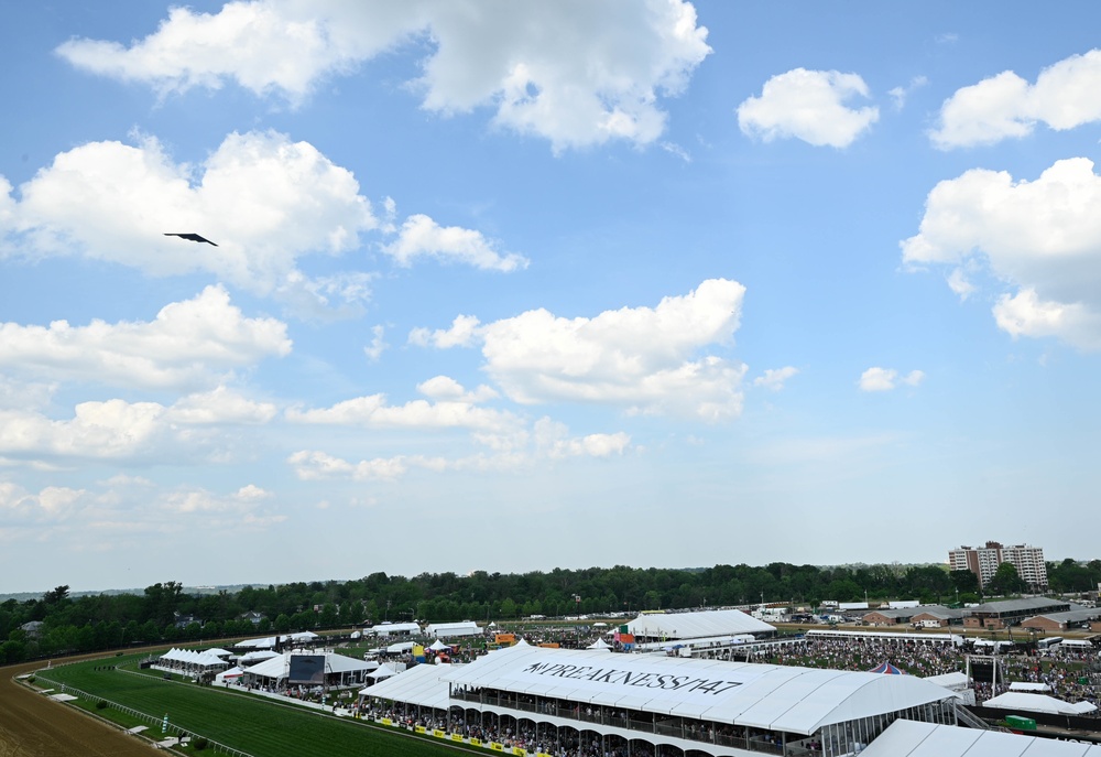 A B-2 Spirit performs flyover during The Preakness Stakes