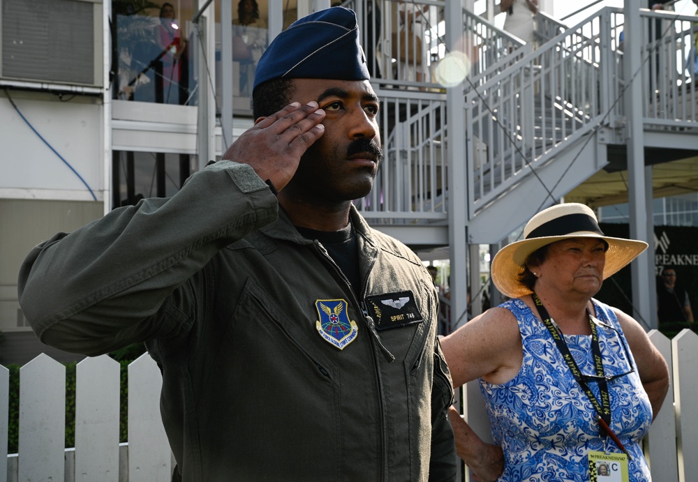 A B-2 Spirit performs flyover during The Preakness Stakes
