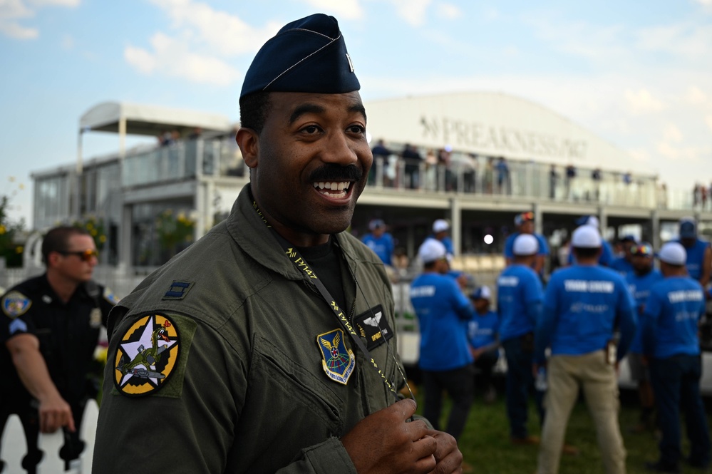 A B-2 Spirit performs flyover during The Preakness Stakes