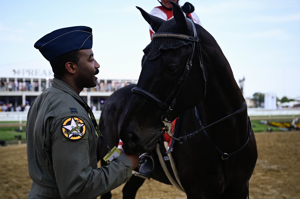 A B-2 Spirit performs flyover during The Preakness Stakes