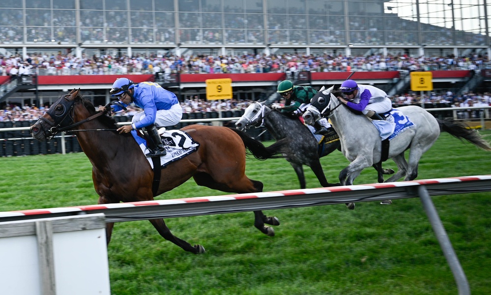 A B-2 Spirit performs flyover during The Preakness Stakes