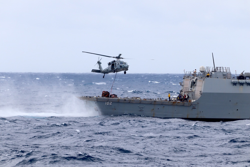 USS Charleston completes vertical replenishment-at-sea with USS Sampson