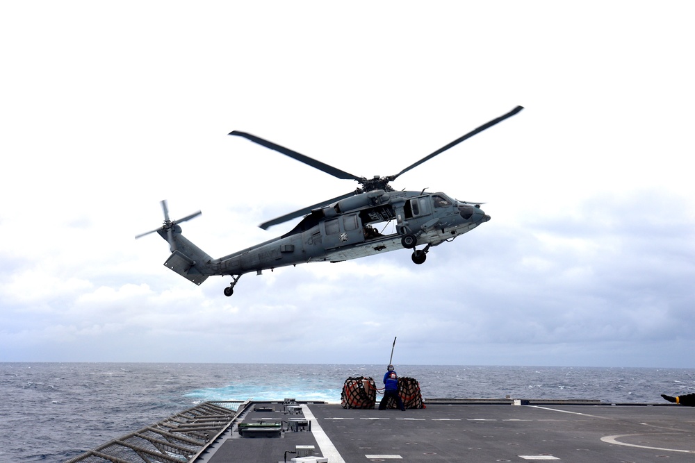 USS Charleston completes vertical replenishment-at-sea with USS Sampson