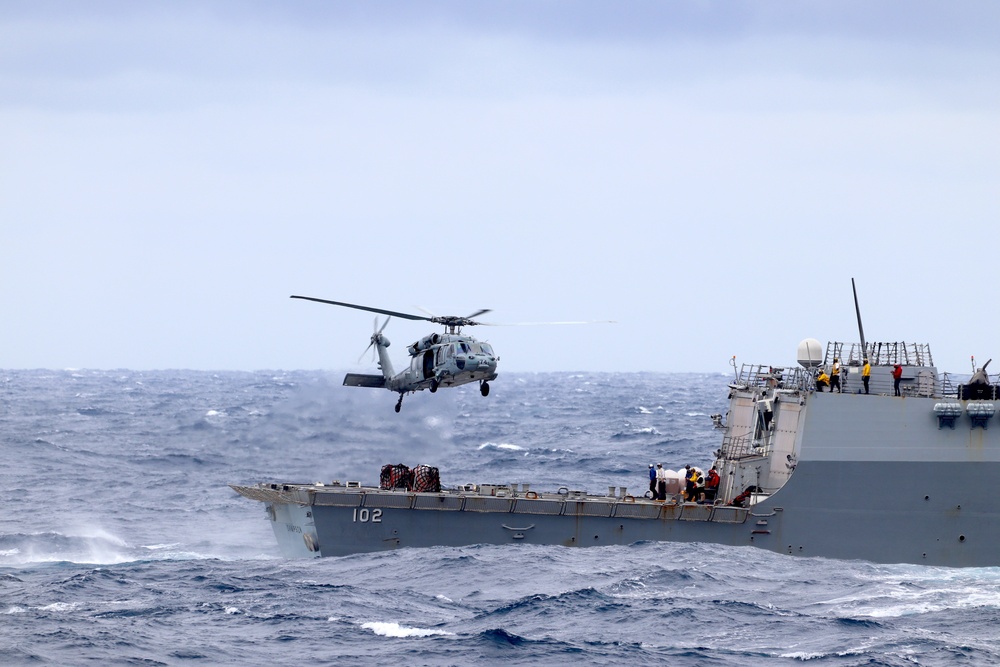 USS Charleston completes vertical replenishment-at-sea with USS Sampson