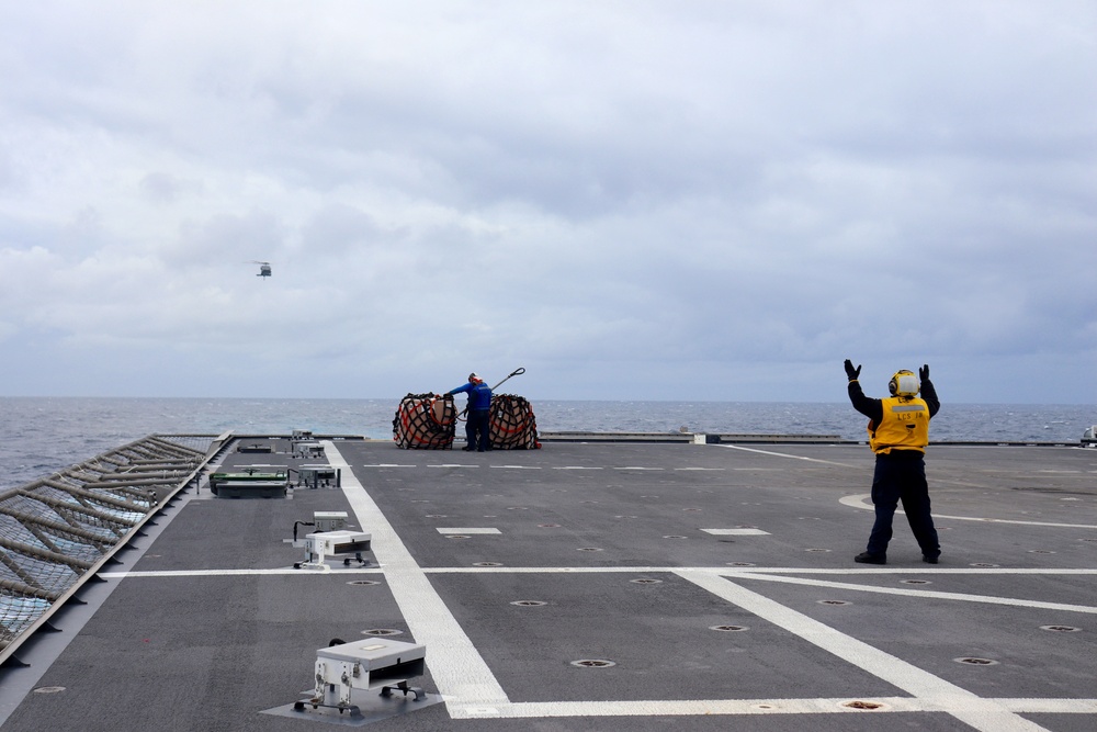 USS Charleston completes vertical replenishment-at-sea with USS Sampson