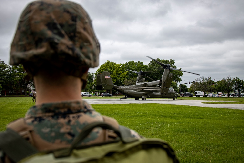 Marines with Bravo Company conducted an air insert  via MV-22 Ospreys and honed weapons-handling skills during battle drills.