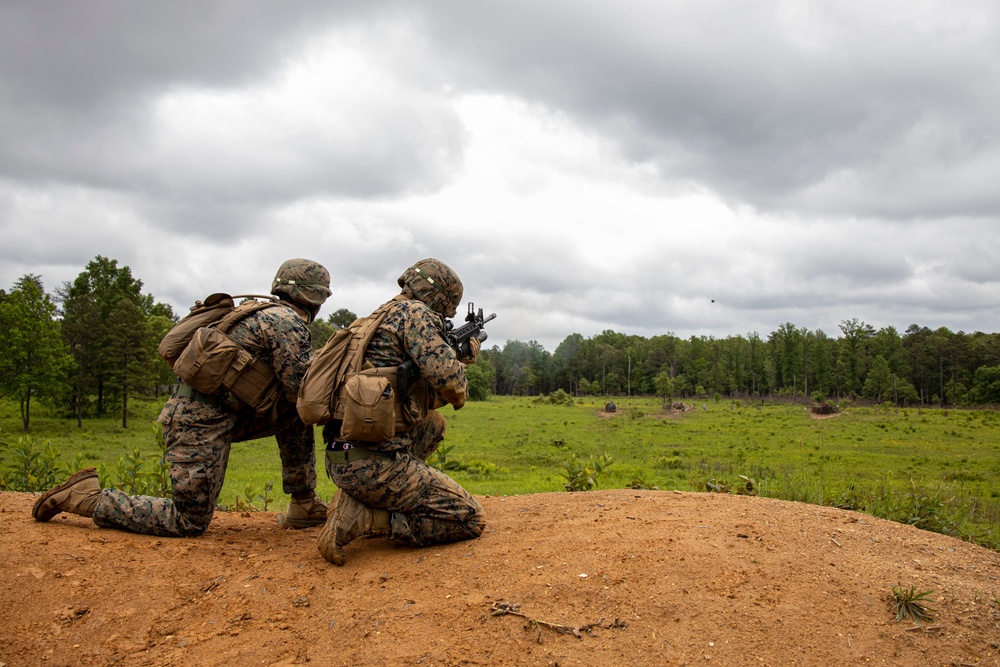 Marines with Bravo Company conducted an air insert  via MV-22 Ospreys and honed weapons-handling skills during battle drills.