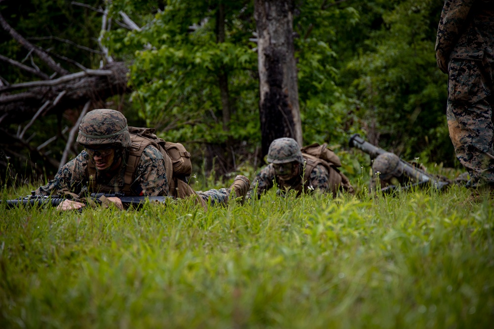 Marines with Bravo Company conducted an air insert  via MV-22 Ospreys and honed weapons-handling skills during battle drills.