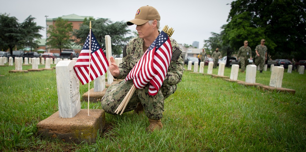 NMCP SAILORS PLACE MEMORIAL DAY FLAGS AT NSA HR-PA CEMETERY