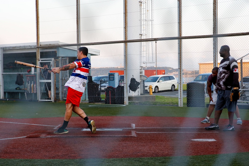 Abraham Lincoln Sailors participate in a MWR softball game