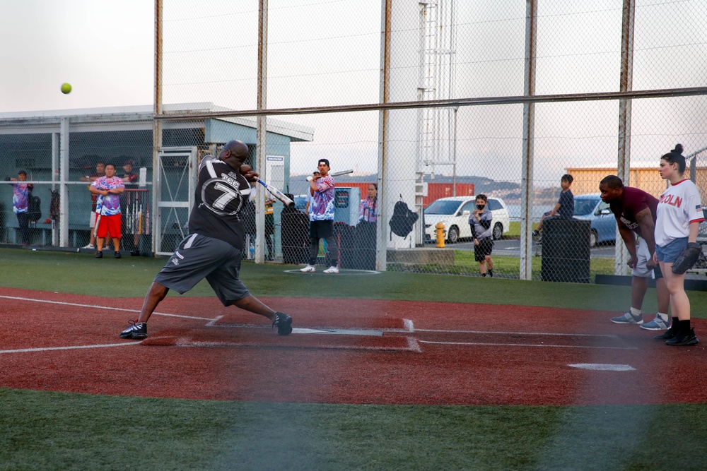Abraham Lincoln Sailors participate in a MWR softball game