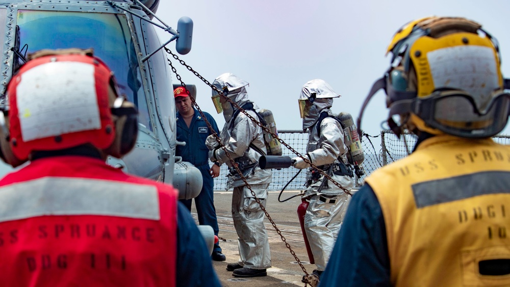 Spruance conducts aircraft firefighting drill