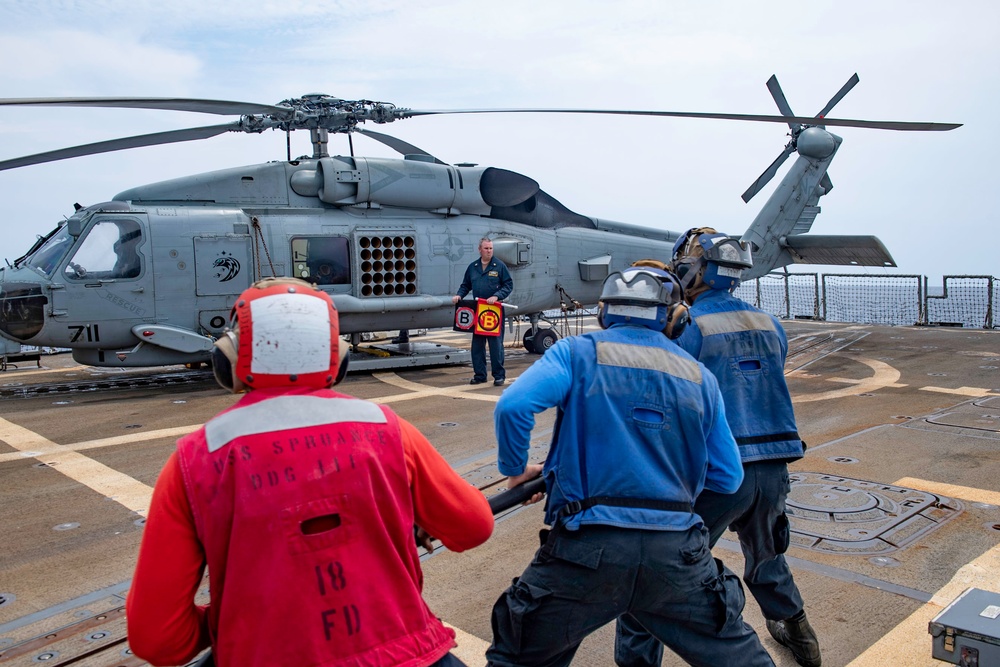 Spruance conducts aircraft firefighting drill