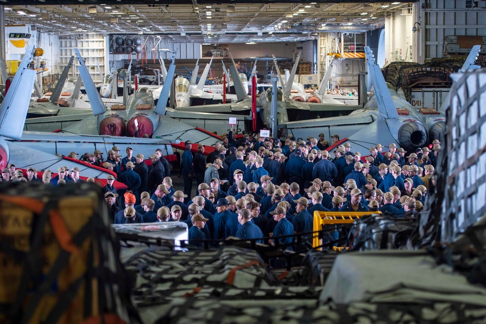 Sailors Assemble During Abandon Ship Drill