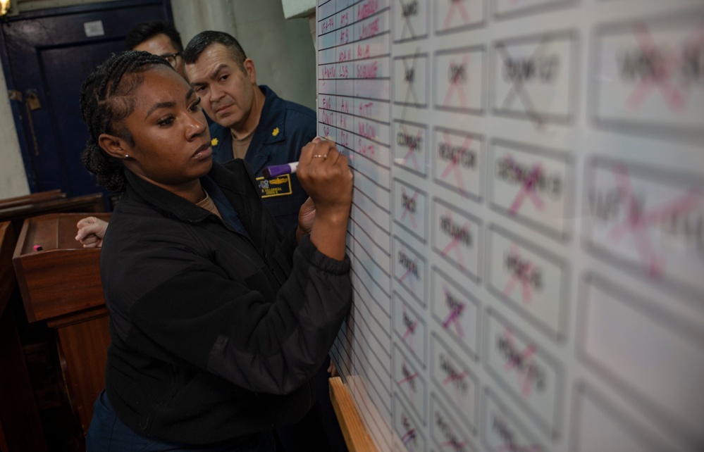 Sailor Tracks Personnel During Man Overboard Drill