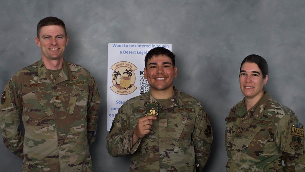 380th Judge Advocate awards Airman with Morale Patch
