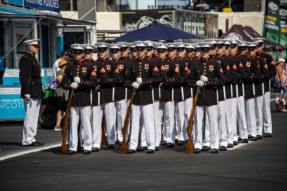 Marines with the Silent Drill Platoon participated in the pre-race ceremony before the Coca-Cola 600 at Charlotte Motor Speedway this weekend.