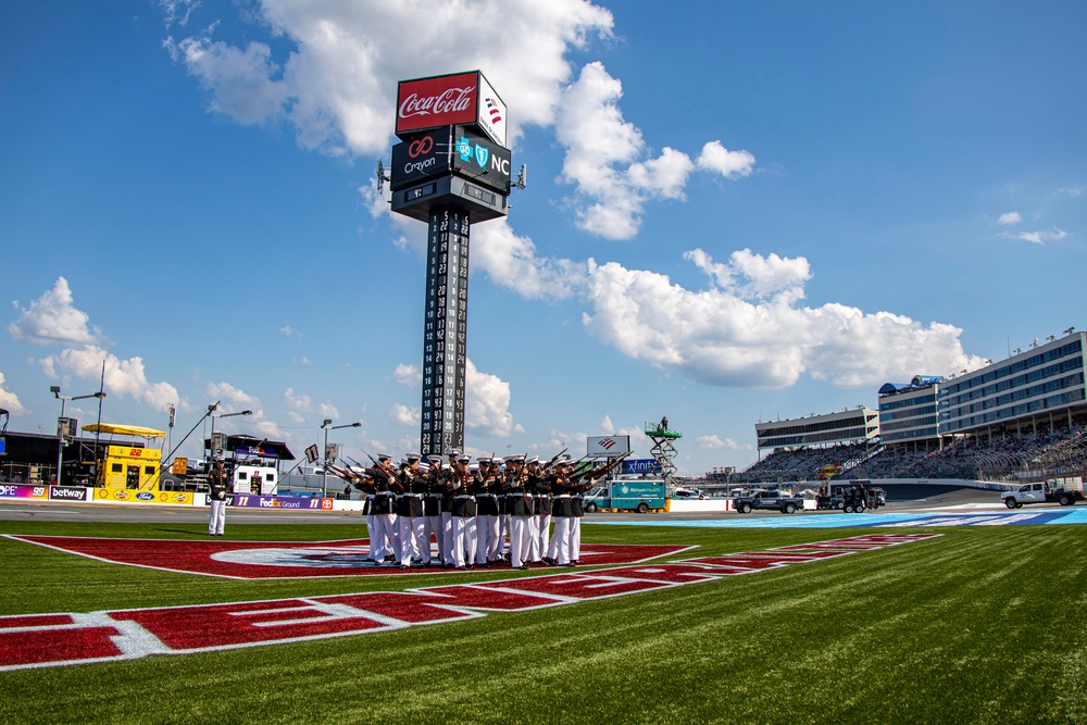 Marines with the Silent Drill Platoon participated in the pre-race ceremony before the Coca-Cola 600 at Charlotte Motor Speedway this weekend.