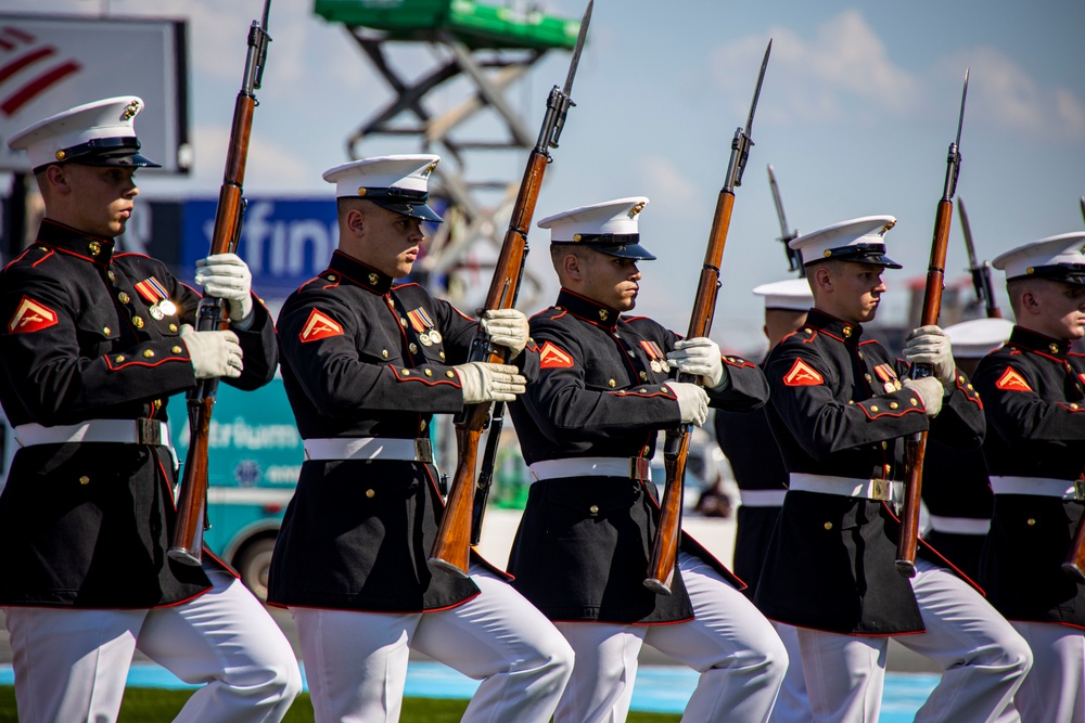 Marines with the Silent Drill Platoon participated in the pre-race ceremony before the Coca-Cola 600 at Charlotte Motor Speedway this weekend.