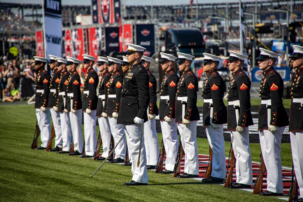 Marines with the Silent Drill Platoon participated in the pre-race ceremony before the Coca-Cola 600 at Charlotte Motor Speedway this weekend.