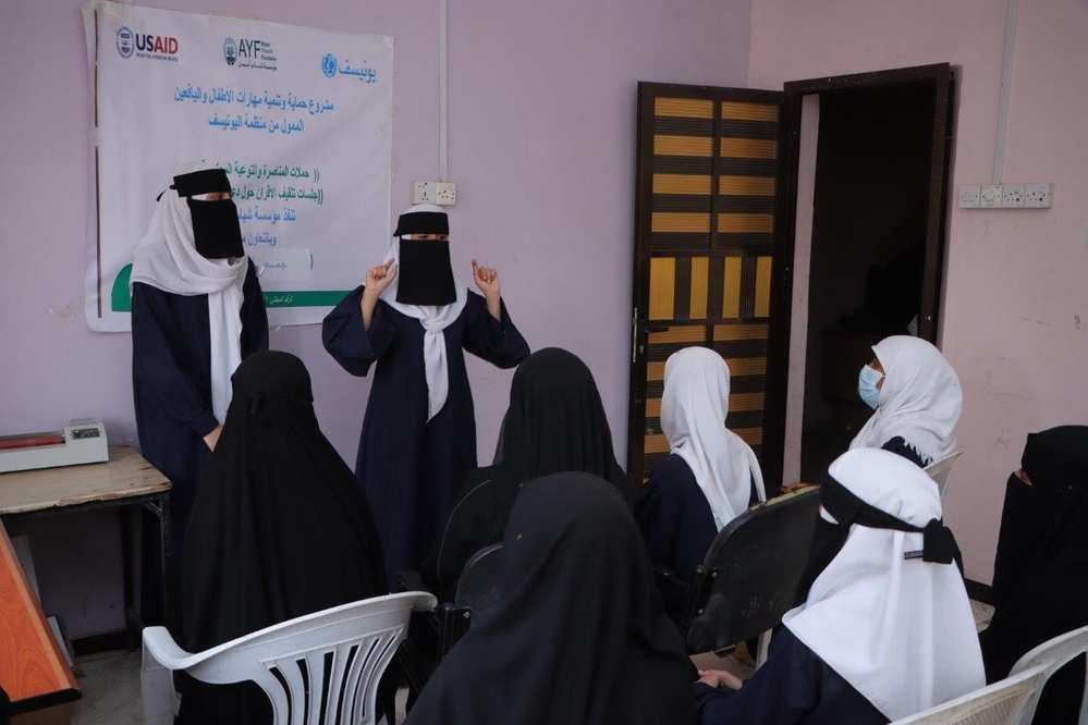 Adolescent girls in Yemen attend a USAID-funded youth life skills session