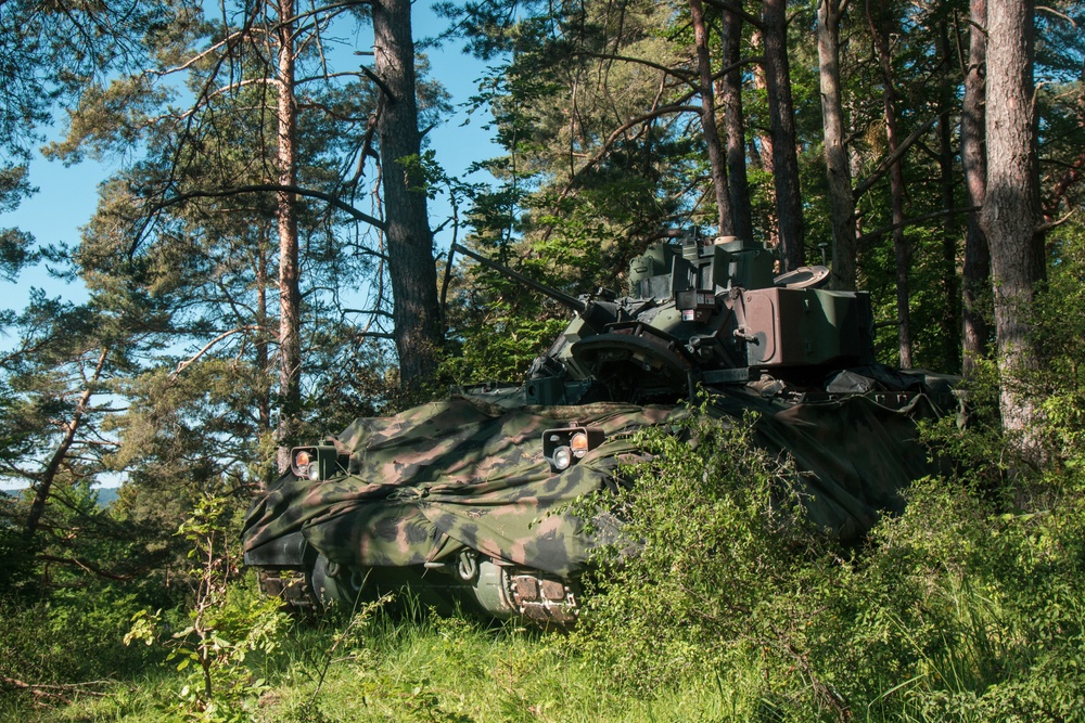 U.S. Soldiers assigned to 1ABCT, 3ID, HHC conduct security during Combined Resolve 17 in Hohenfels, Germany