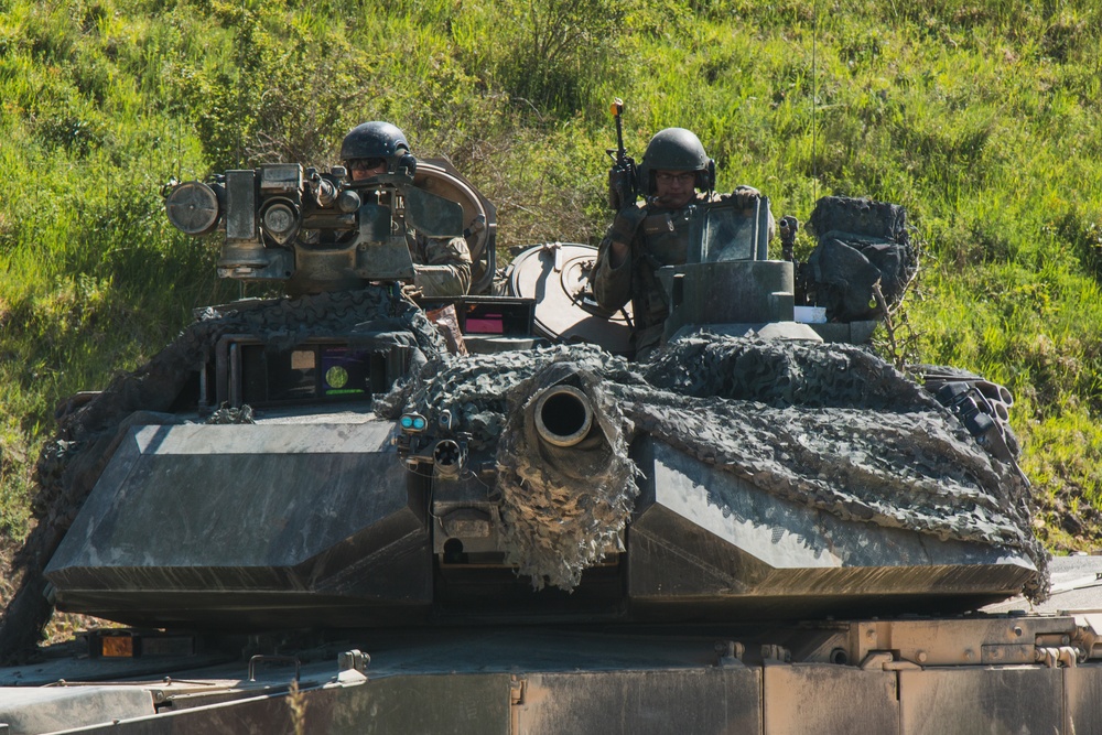 U.S. M1 Abrams tanks assigned to 3-69 AR, 1ABCT, 3ID conduct vehicle movements in Hohenfels, Germany during CbR 17