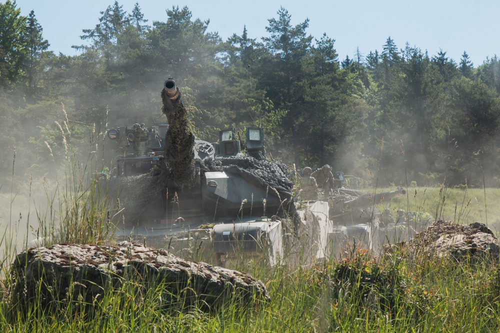 U.S. M1 Abrams tanks assigned to 3-69 AR, 1ABCT, 3ID conduct vehicle movements in Hohenfels, Germany during CbR 17