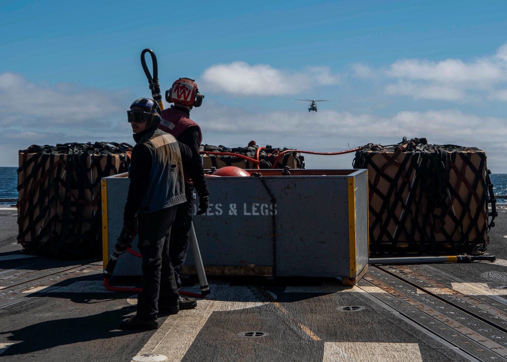 Gridley conducts a vertical replenishment-at-sea with the Military Sealift Command fleet replenishment oiler USNS Richard E. Byrd (T-AKE 4)