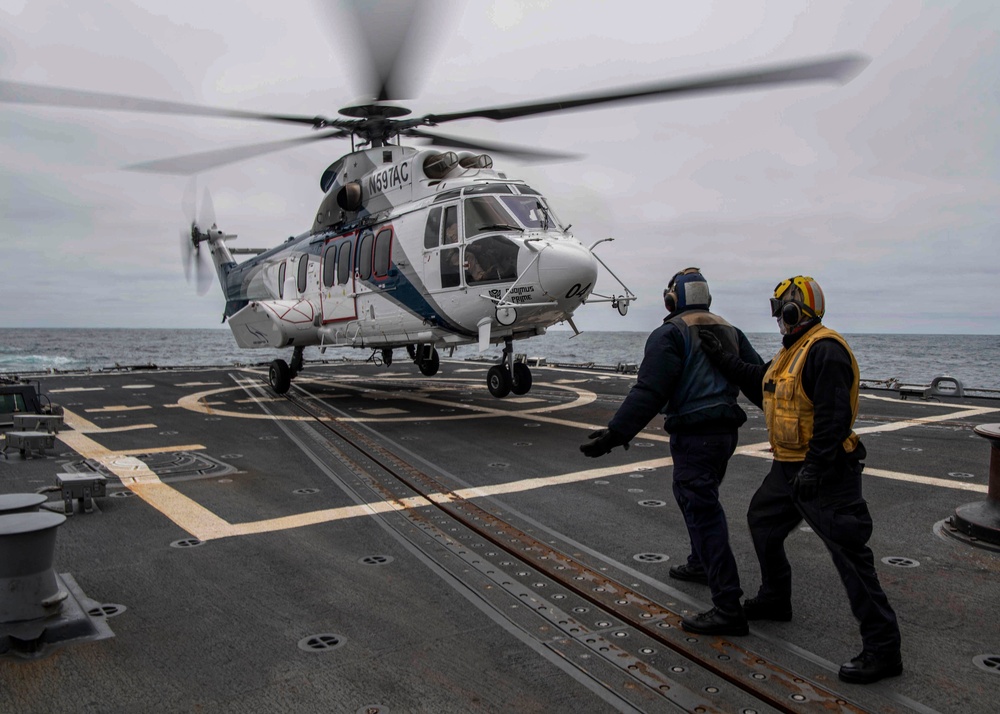 Gridley conducts a vertical replenishment-at-sea with the Military Sealift Command fleet replenishment oiler USNS Richard E. Byrd (T-AKE 4)
