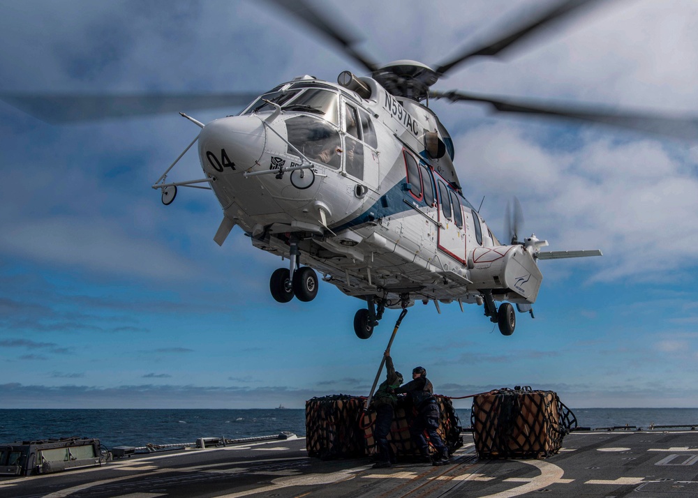 Gridley conducts a vertical replenishment-at-sea with the Military Sealift Command fleet replenishment oiler USNS Richard E. Byrd (T-AKE 4)
