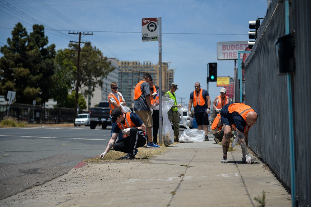 Naval Base San Diego Sailors Clean Up Main Street