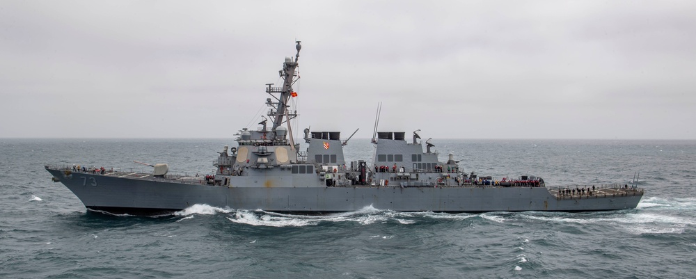 USS Decatur Approaches USS Nimitz For Fueling-At-Sea